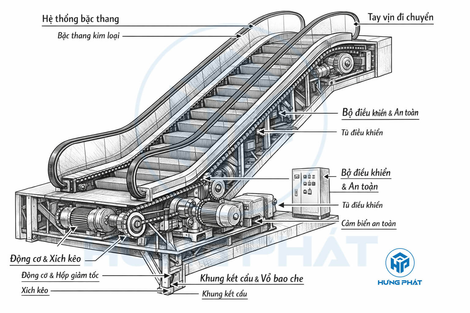 Sơ đồ cấu tạo của thang máy cuốn