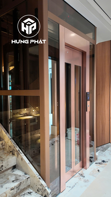Lắp đặt hoàn thiện thang máy nhập khẩu Gemanlift tại KĐT Hado Charm Villas 4 Khung inox sọc nhuyễn mạ màu Sand Blast PVD Bronze càng tôn vẻ sang trọng