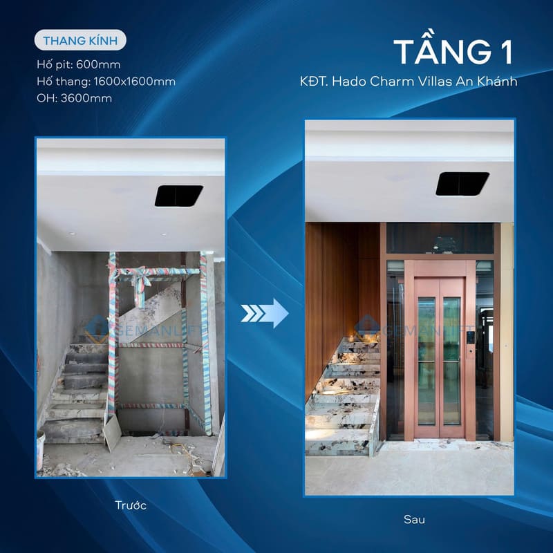 Lắp đặt hoàn thiện thang máy nhập khẩu Gemanlift tại KĐT Hado Charm Villas 6 Tầng 1