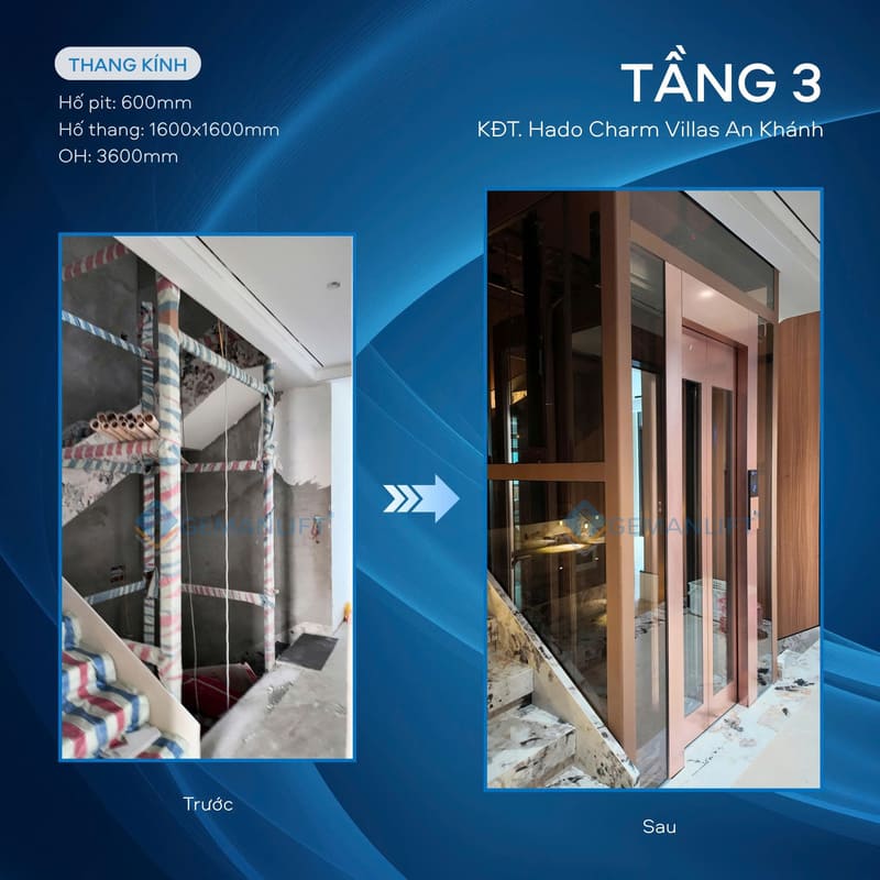 Lắp đặt hoàn thiện thang máy nhập khẩu Gemanlift tại KĐT Hado Charm Villas 8 Tầng 3