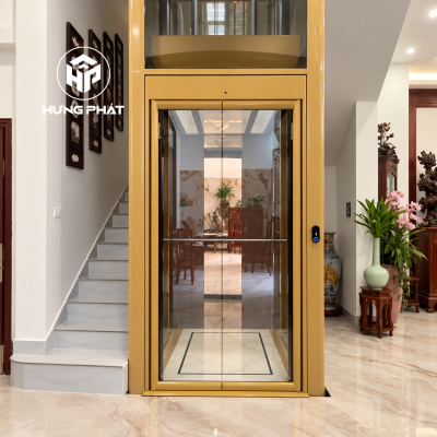 Cửa tầng thang máy kính Gemanlift thiết kế mở quay với khung nhôm màu vàng